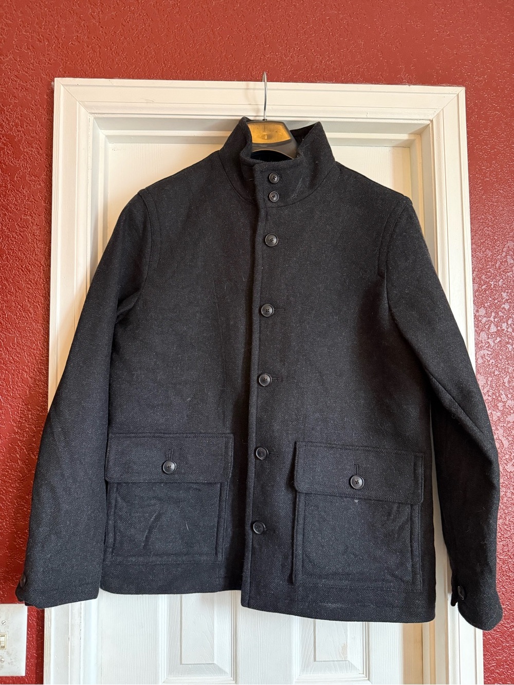 Banana Republic Black Wool Pea Coat with Stand Collar